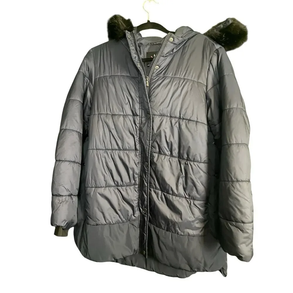 Isaac Mizrahi Live! Puffer Coat w/ Faux Fur Trim Hood Dark Navy Women Size M - Picture 6 of 12